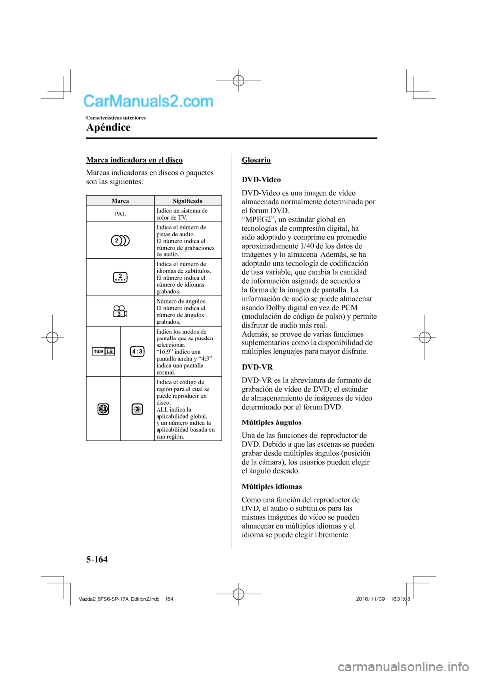 MAZDA MODEL 2 2018 Manual del propietario (in Spanish) 5–16 4
Características interiores
Apéndice
Marca indicadora en el disco
Marcas indicadoras en discos o paquetes
son las siguientes:
Marca Signifi cado
PA L Indica un sistema de
MAZDA MODEL 2 2018 Manual del propietario (in Spanish) 5–16 4
Características interiores
Apéndice
Marca indicadora en el disco
Marcas indicadoras en discos o paquetes
son las siguientes:
Marca Signifi cado
PA L Indica un sistema de