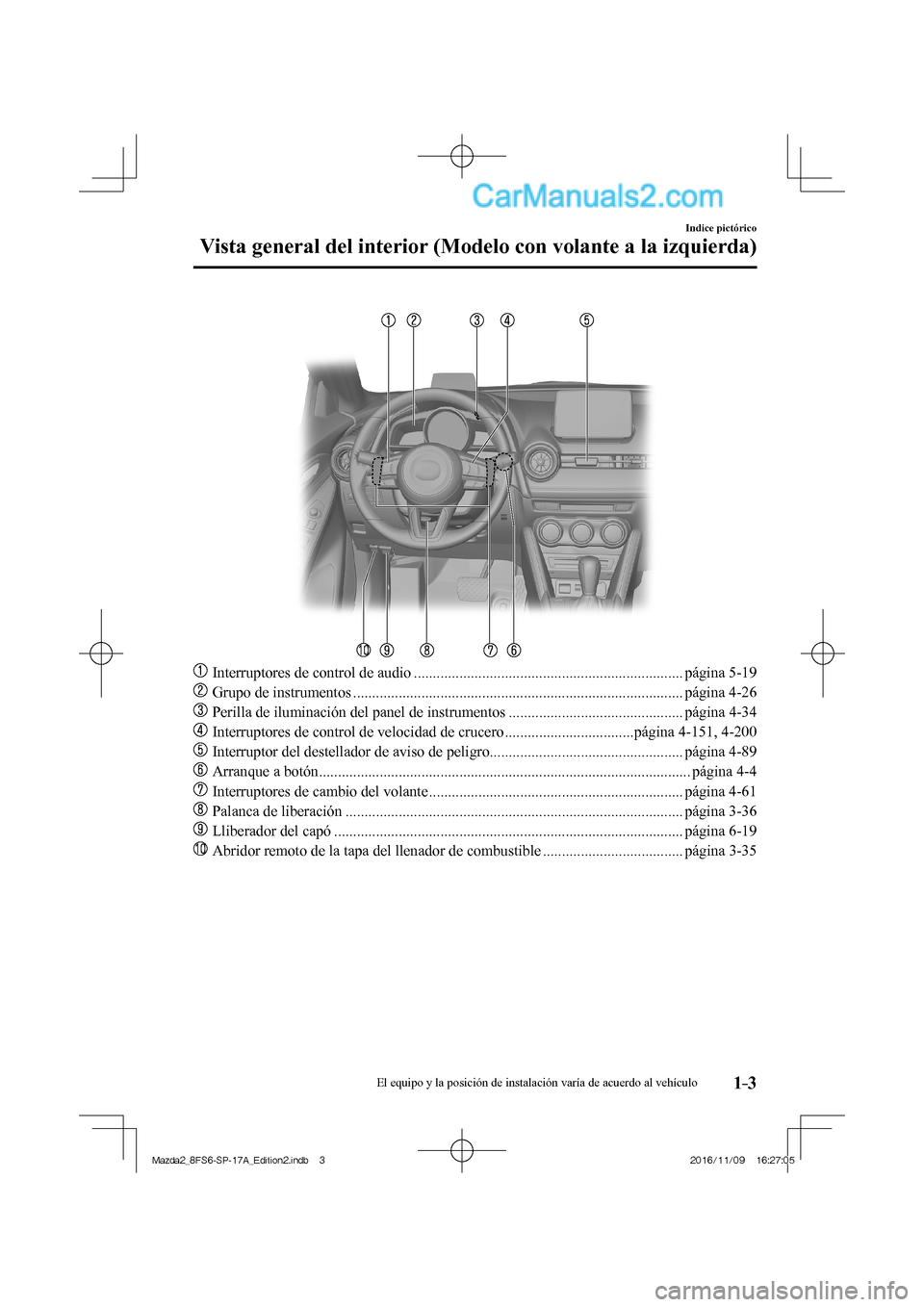 MAZDA MODEL 2 2018  Manual del propietario (in Spanish) 1–3
Indice pictórico
Vista general del interior (Modelo con volante a la izquierda)
   
���
  Interruptores de control de audio ..................................................................