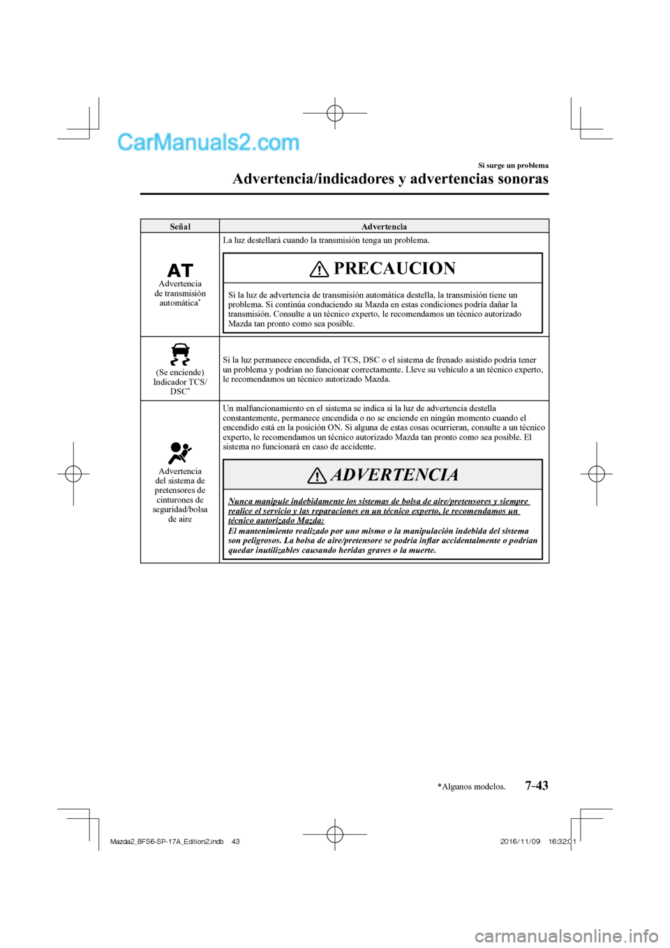 MAZDA MODEL 2 2018 Manual del propietario (in Spanish) 7–43
Si surge un problema
Advertencia/indicadores y advertencias sonoras
*Algunos modelos.
Señal Advertencia
Advertencia
de transmisión
automática
* La luz destellará cuando la t MAZDA MODEL 2 2018 Manual del propietario (in Spanish) 7–43
Si surge un problema
Advertencia/indicadores y advertencias sonoras
*Algunos modelos.
Señal Advertencia
Advertencia
de transmisión
automática
* La luz destellará cuando la t