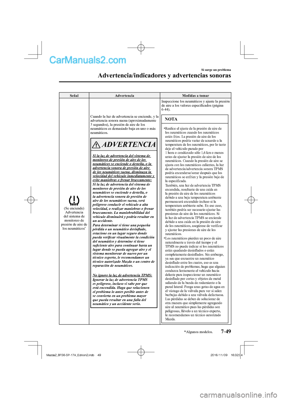 MAZDA MODEL 2 2018 Manual del propietario (in Spanish) 7–49
Si surge un problema
Advertencia/indicadores y advertencias sonoras
*Algunos modelos.
Señal Advertencia Medidas a tomar
(Se enciende)
Advertencia
del sistema de
monitoreo d MAZDA MODEL 2 2018 Manual del propietario (in Spanish) 7–49
Si surge un problema
Advertencia/indicadores y advertencias sonoras
*Algunos modelos.
Señal Advertencia Medidas a tomar
(Se enciende)
Advertencia
del sistema de
monitoreo d