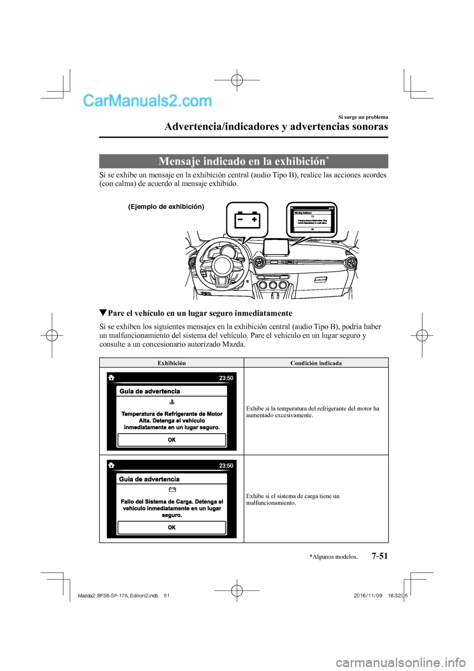 MAZDA MODEL 2 2018 Manual del propietario (in Spanish) 7–51
Si surge un problema
Advertencia/indicadores y advertencias sonoras
*Algunos modelos.
Mensaje indicado en la exhibición *
Si se exhibe un mensaje en la exhibición central (audio MAZDA MODEL 2 2018 Manual del propietario (in Spanish) 7–51
Si surge un problema
Advertencia/indicadores y advertencias sonoras
*Algunos modelos.
Mensaje indicado en la exhibición *
Si se exhibe un mensaje en la exhibición central (audio