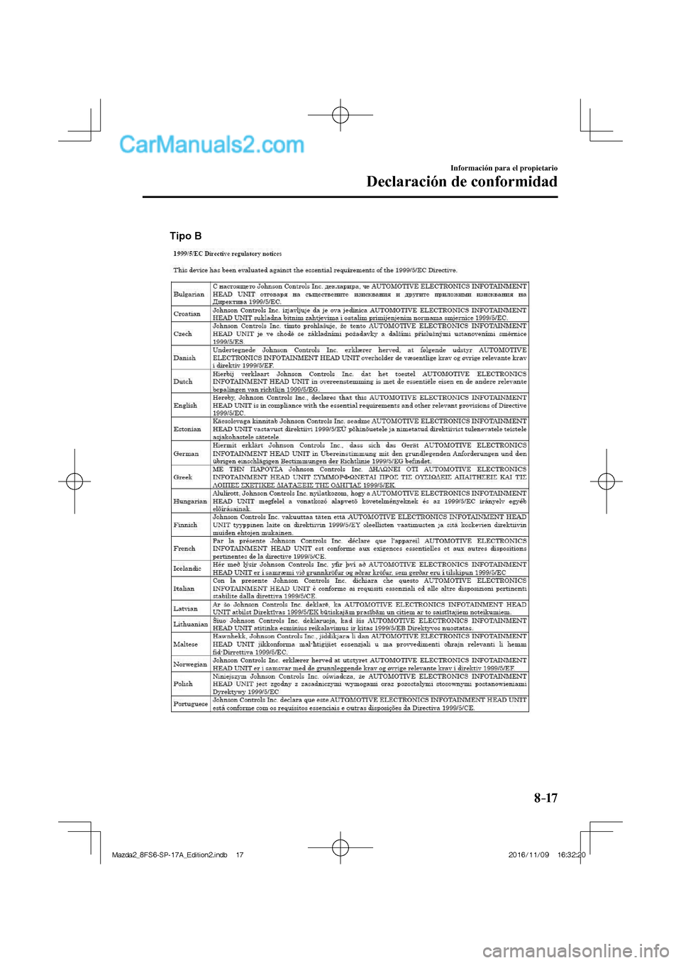 MAZDA MODEL 2 2018 Manual del propietario (in Spanish) 8–17
Información para el propietario
Declaración de conformidad
Tipo B
Mazda2_8FS6-SP-17A_Edition2.indb 17Mazda2_8FS6-SP-17A_Edition2.indb 172016/11/09 16:32:202016/11/09 16:32:20 MAZDA MODEL 2 2018 Manual del propietario (in Spanish) 8–17
Información para el propietario
Declaración de conformidad
Tipo B
Mazda2_8FS6-SP-17A_Edition2.indb 17Mazda2_8FS6-SP-17A_Edition2.indb 172016/11/09 16:32:202016/11/09 16:32:20