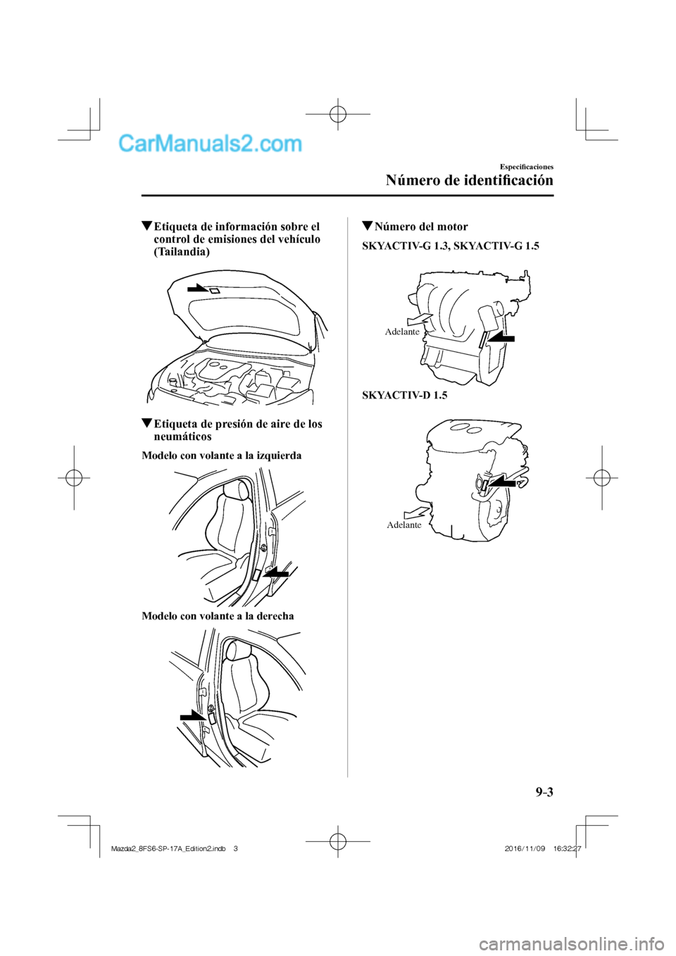 MAZDA MODEL 2 2018 Manual del propietario (in Spanish) 9–3
Especifi caciones
Número de identifi cación
Etiqueta de información sobre el
control de emisiones del vehículo
(Tailandia)
Etiqueta de presión de aire de los
n MAZDA MODEL 2 2018 Manual del propietario (in Spanish) 9–3
Especifi caciones
Número de identifi cación
Etiqueta de información sobre el
control de emisiones del vehículo
(Tailandia)
Etiqueta de presión de aire de los
n