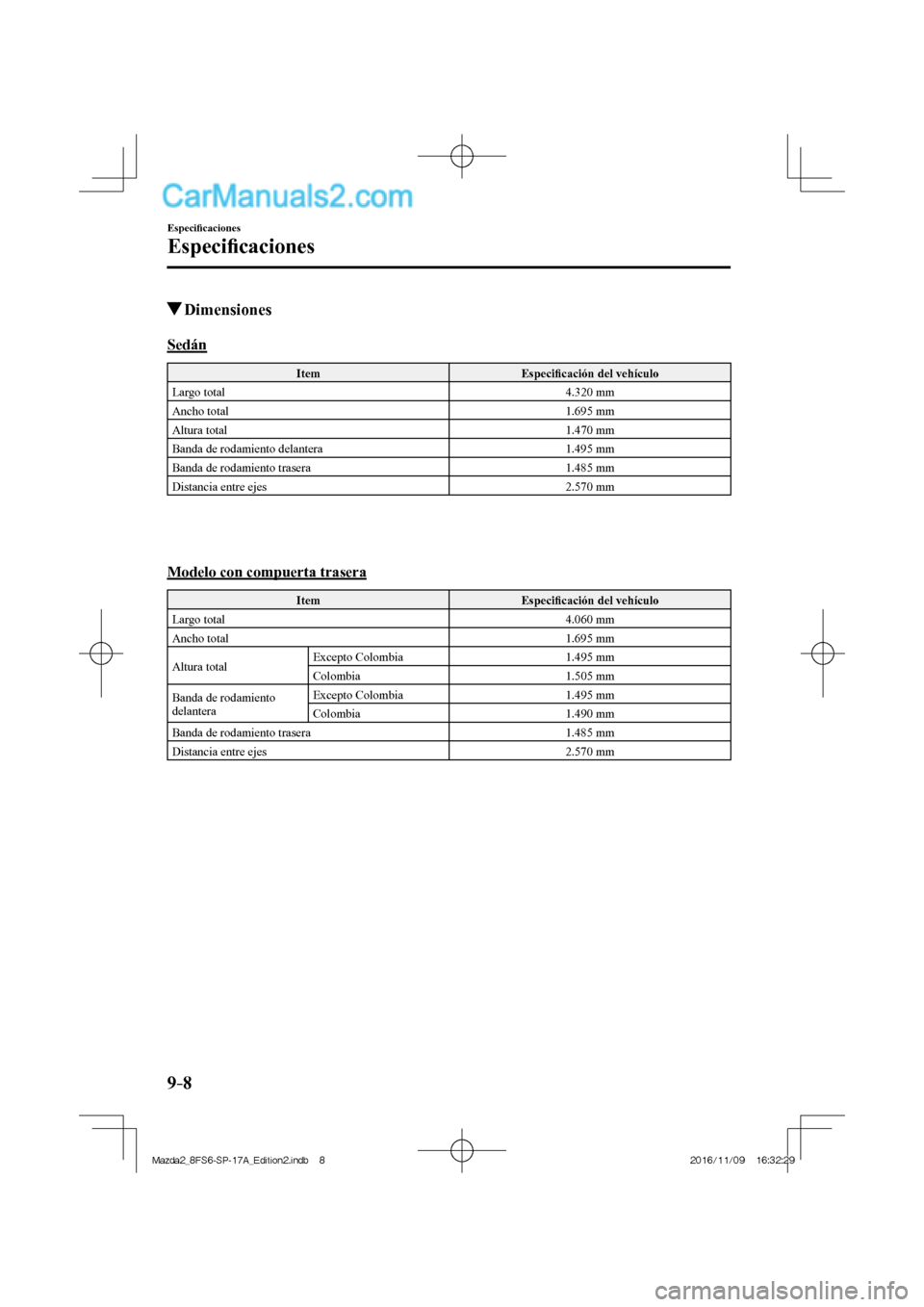 MAZDA MODEL 2 2018 Manual del propietario (in Spanish) 9–8
Especifi caciones
Especifi caciones
Dimensiones
Sedán
Item Especifi cación del vehículo
Largo total 4.320 mm
Ancho total 1.695 mm
Altura total 1 MAZDA MODEL 2 2018 Manual del propietario (in Spanish) 9–8
Especifi caciones
Especifi caciones
Dimensiones
Sedán
Item Especifi cación del vehículo
Largo total 4.320 mm
Ancho total 1.695 mm
Altura total 1