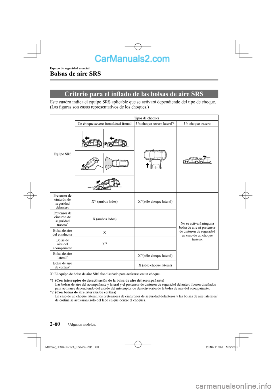 MAZDA MODEL 2 2018 Manual del propietario (in Spanish) 2–60
Equipo de seguridad esencial
Bolsas de aire SRS
*Algunos modelos.
Criterio para el infl ado de las bolsas de aire SRS
Este cuadro indica el equipo SRS aplicable que se activará d MAZDA MODEL 2 2018 Manual del propietario (in Spanish) 2–60
Equipo de seguridad esencial
Bolsas de aire SRS
*Algunos modelos.
Criterio para el infl ado de las bolsas de aire SRS
Este cuadro indica el equipo SRS aplicable que se activará d