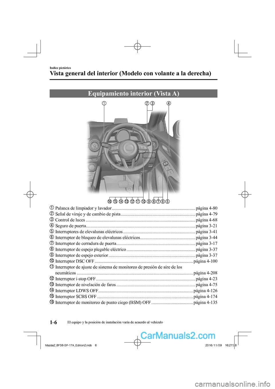 MAZDA MODEL 2 2018  Manual del propietario (in Spanish) 1–6
Indice pictórico
Vista general del interior (Modelo con volante a la derecha)
      Equipamiento  interior  (Vista  A)
    
���
  Palanca de limpiador y lavador .............................