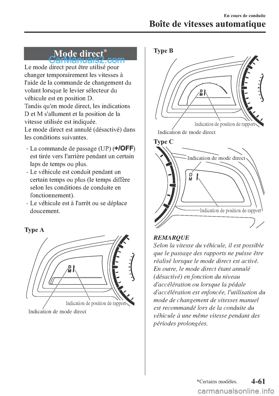 MAZDA MODEL 2 2018  Manuel du propriétaire (in French) �0�R�G�H��G�L�U�H�F�W�
�/�H��P�R�G�H��G�L�U�H�F�W��S�H�X�W��r�W�U�H��X�W�L�O�L�V�p��S�R�X�U
�F�K�D�Q�J�H�U��W�H�P�S�R�U�D�L�U�H�P�H�Q�W��O�H�V��Y�L�W�H�V�V�H�V��j
�O�
�D�L�G�H��G�H��O�D�