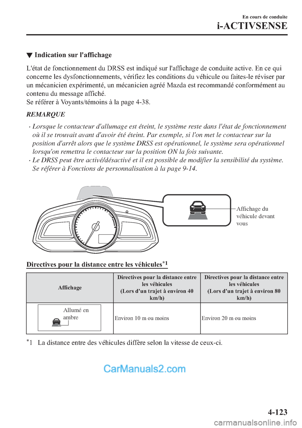 MAZDA MODEL 2 2018  Manuel du propriétaire (in French) ▼�,�Q�G�L�F�D�W�L�R�Q��V�X�U��O�
�D�I�I�L�F�K�D�J�H
�/�
�p�W�D�W��G�H��I�R�Q�F�W�L�R�Q�Q�H�P�H�Q�W��G�X���5�6�6��H�V�W��L�Q�G�L�T�X�p��V�X�U��O�
�D�I�I�L�F�K�D�J�H��G�H��F�R�Q�G�X�L�W�H
