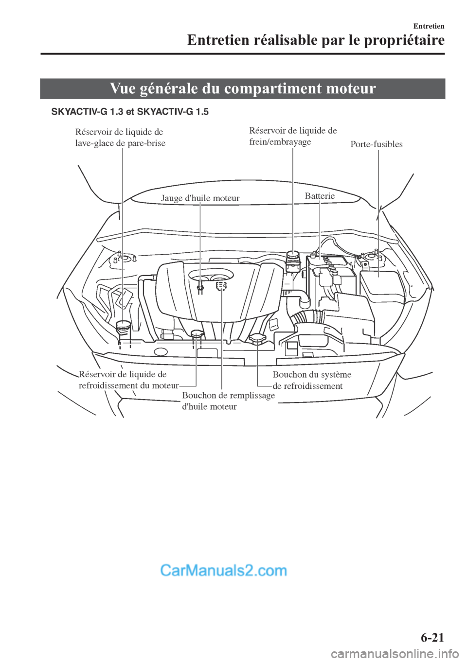 MAZDA MODEL 2 2018  Manuel du propriétaire (in French) �9�X�H��J�p�Q�p�U�D�O�H��G�X��F�R�P�S�D�U�W�L�P�H�Q�W��P�R�W�H�X�U
Réservoir de liquide de 
lave-glace de pare-briseRéservoir de liquide de 
frein/embrayage
Jauge dhuile moteurBatterie
Porte-fu