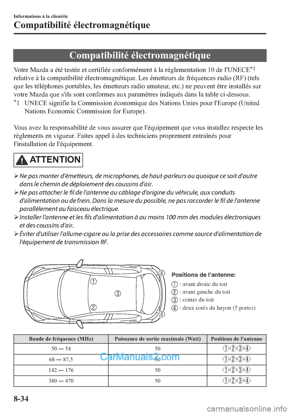 MAZDA MODEL 2 2018  Manuel du propriétaire (in French) �&�R�P�S�D�W�L�E�L�O�L�W�p��p�O�H�F�W�U�R�P�D�J�Q�p�W�L�T�X�H
�9�R�W�U�H��0�D�]�G�D��D��p�W�p��W�H�V�W�p�H��H�W��F�H�U�W�L�I�L�p�H��F�R�Q�I�R�U�P�p�P�H�Q�W��j��O�D��U�p�J�O�H�P�H�Q�W�D�W�L�
