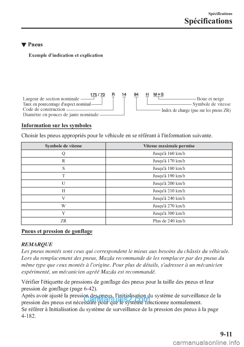 MAZDA MODEL 2 2018  Manuel du propriétaire (in French) ▼�3�Q�H�X�V
Exemple dindication et explication 
Largeur de section nominale 
Taux en pourcentage daspect nominalCode de construction Boue et neige
Symbole de vitesse
Diamètre en pouces de jante n