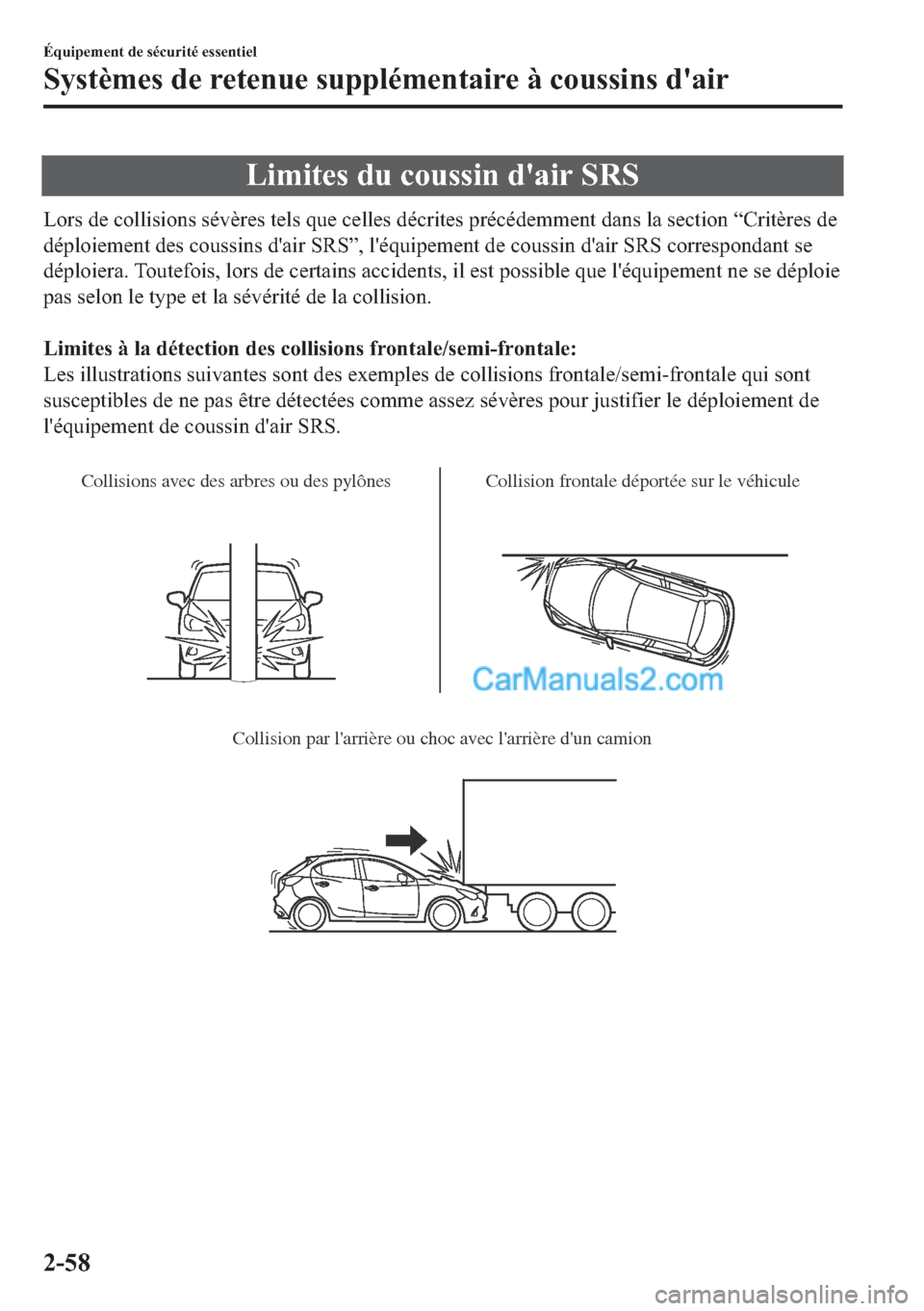 MAZDA MODEL 2 2018  Manuel du propriétaire (in French) �/�L�P�L�W�H�V��G�X��F�R�X�V�V�L�Q��G�
�D�L�U��6�5�6
�/�R�U�V��G�H��F�R�O�O�L�V�L�R�Q�V��V�p�Y�q�U�H�V��W�H�O�V��T�X�H��F�H�O�O�H�V��G�p�F�U�L�W�H�V��S�U�p�F�p�G�H�P�P�H�Q�W��G�D�Q�V��O�