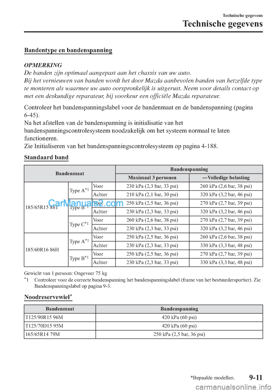 MAZDA MODEL 2 2018  Handleiding (in Dutch) �%�D�Q�G�H�Q�W�\�S�H��H�Q��E�D�Q�G�H�Q�V�S�D�Q�Q�L�Q�J
OPMERKING
De banden zijn optimaal aangepast aan het chassis van uw auto.
Bij het vernieuwen van banden wordt het door Mazda aanbevolen banden v