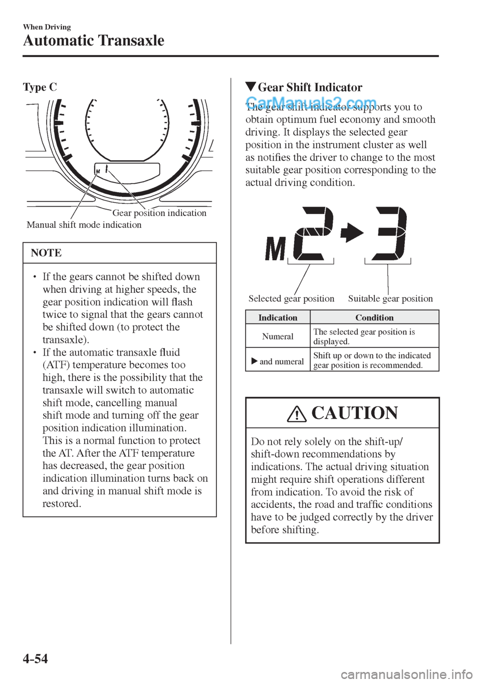MAZDA MODEL 2 2017  Owners Manual (in English) 4–54
When Driving
Automatic Transaxle
    Ty p e  C 
 
Manual shift mode indicationGear position indication 
 NOTE
� � ��  If the gears cannot be shifted down 
when driving at higher speeds, the 