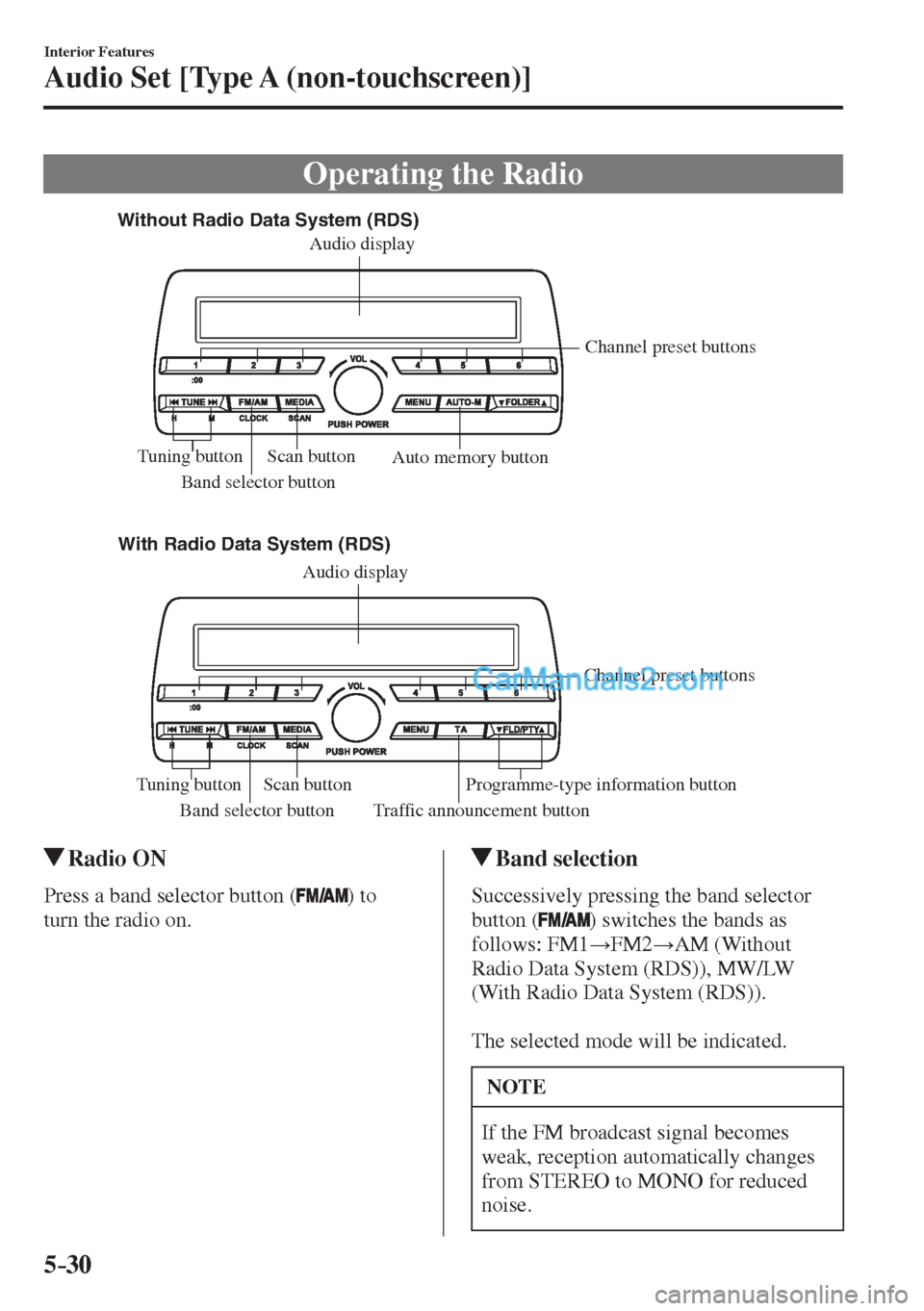 MAZDA MODEL 2 2017  Owners Manual (in English) 5–30
Interior Features
Audio Set [Type A (non-touchscreen)]
 Operating the Radio
             
Without Radio Data System (RDS)
With Radio Data System (RDS)
Band selector button Traffic announcement 