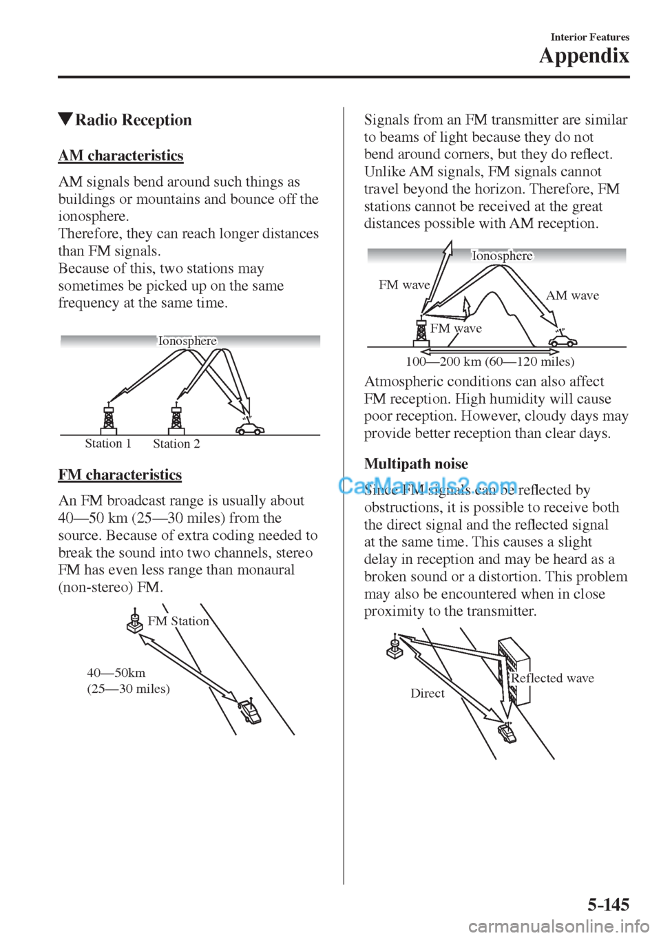 MAZDA MODEL 2 2017  Owners Manual (in English) 5–14 5
Interior Features
Appendix
         Radio  Reception
    AM  characteristics
    AM signals bend around such things as 
buildings or mountains and bounce off the 
ionosphere.
  Therefore, the