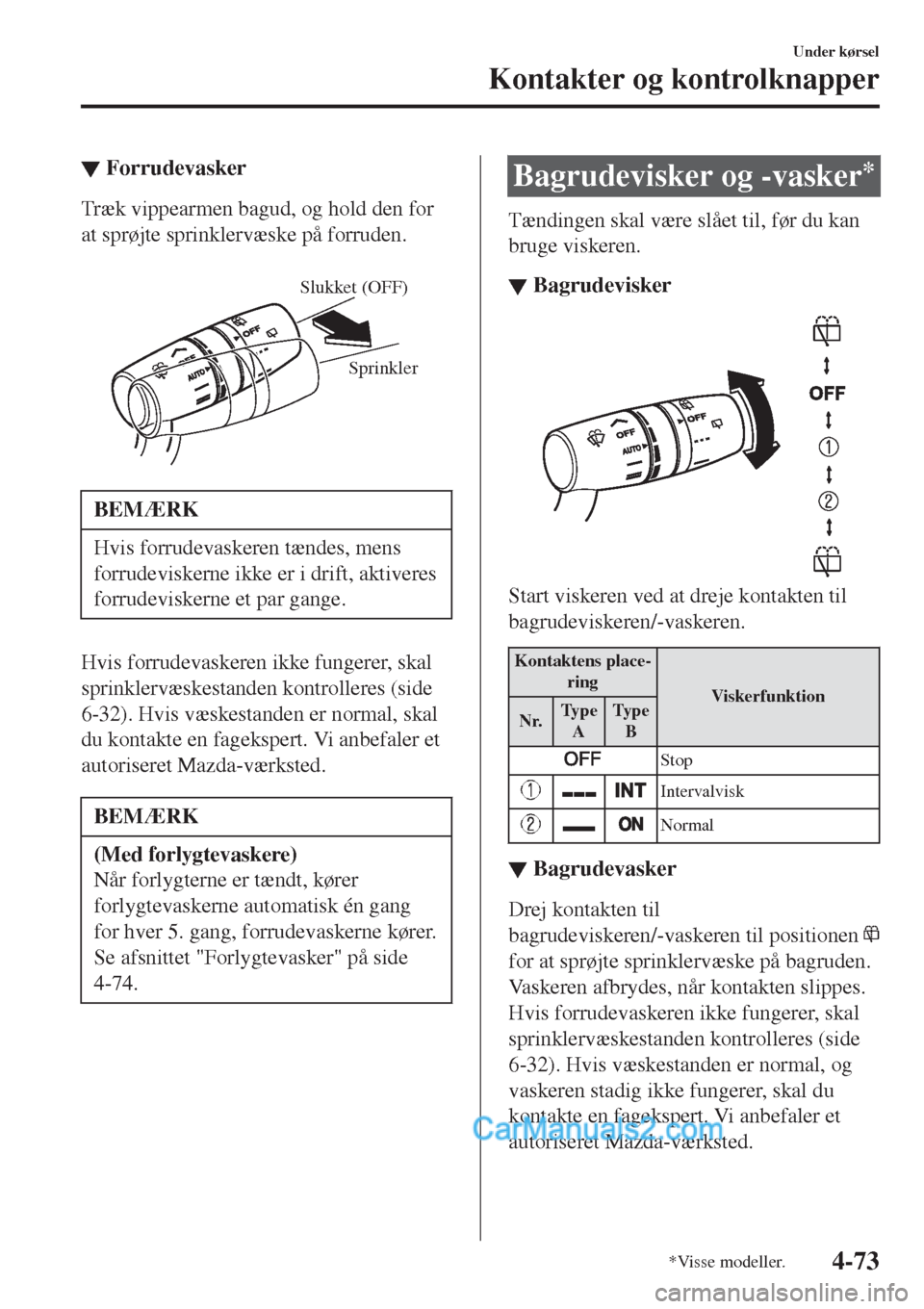 MAZDA MODEL 2 2017  Instruktionsbog (in Danish) ▼Forrudevasker
Træk vippearmen bagud, og hold den for
at sprøjte sprinklervæske på forruden.
 
Sprinkler Slukket (OFF)
BEMÆRK
Hvis forrudevaskeren tændes, mens
forrudeviskerne ikke er i drift,