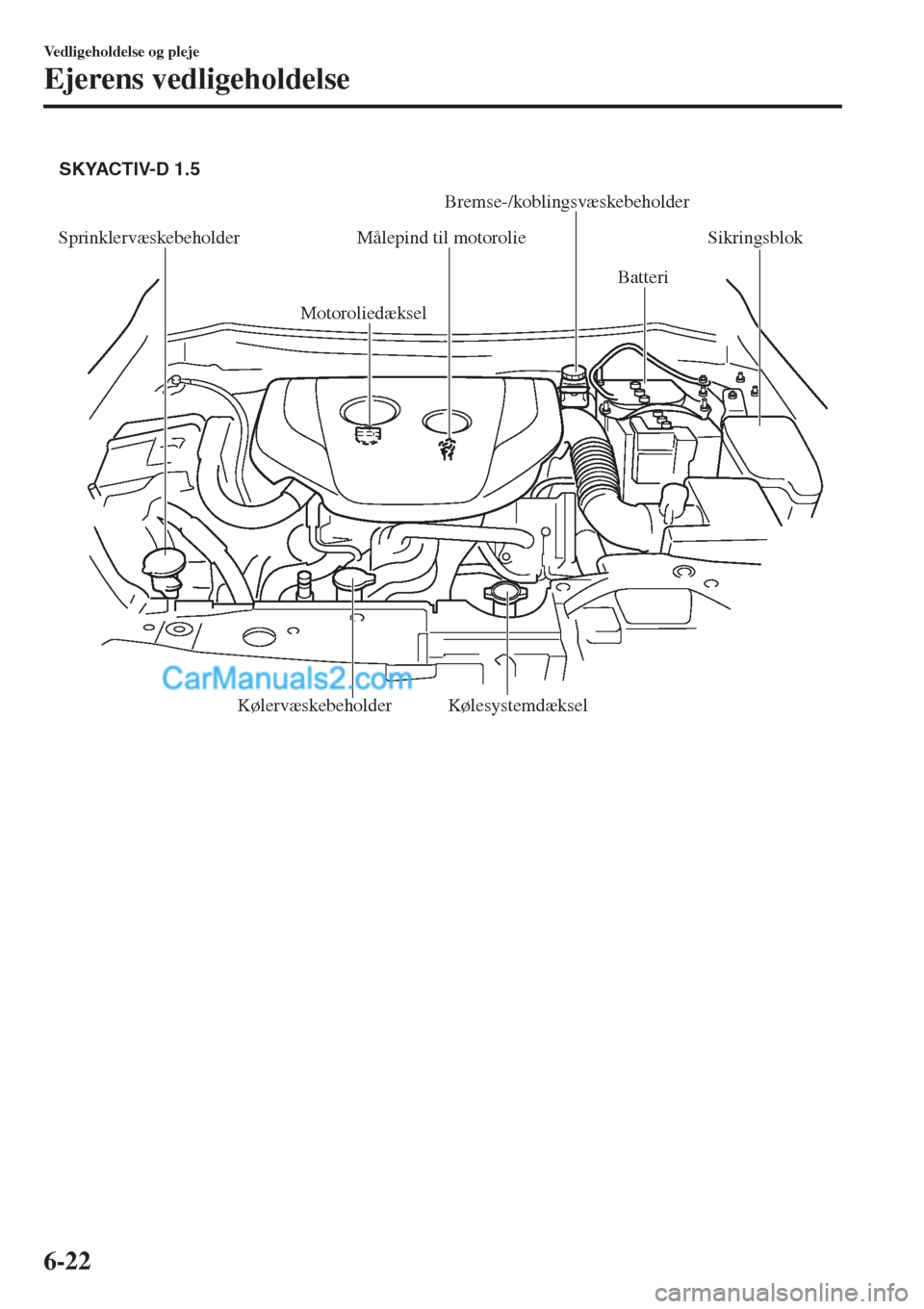 MAZDA MODEL 2 2017  Instruktionsbog (in Danish) Sprinklervæskebeholder Målepind til motorolie
BatteriSikringsblok
Køles
ystemdækselKølervæskebeholder Motoroliedæksel SKYACTIV-D 1.5
Bremse-/koblingsvæskebeholder
Vedligeholdelse og pleje
Ejer