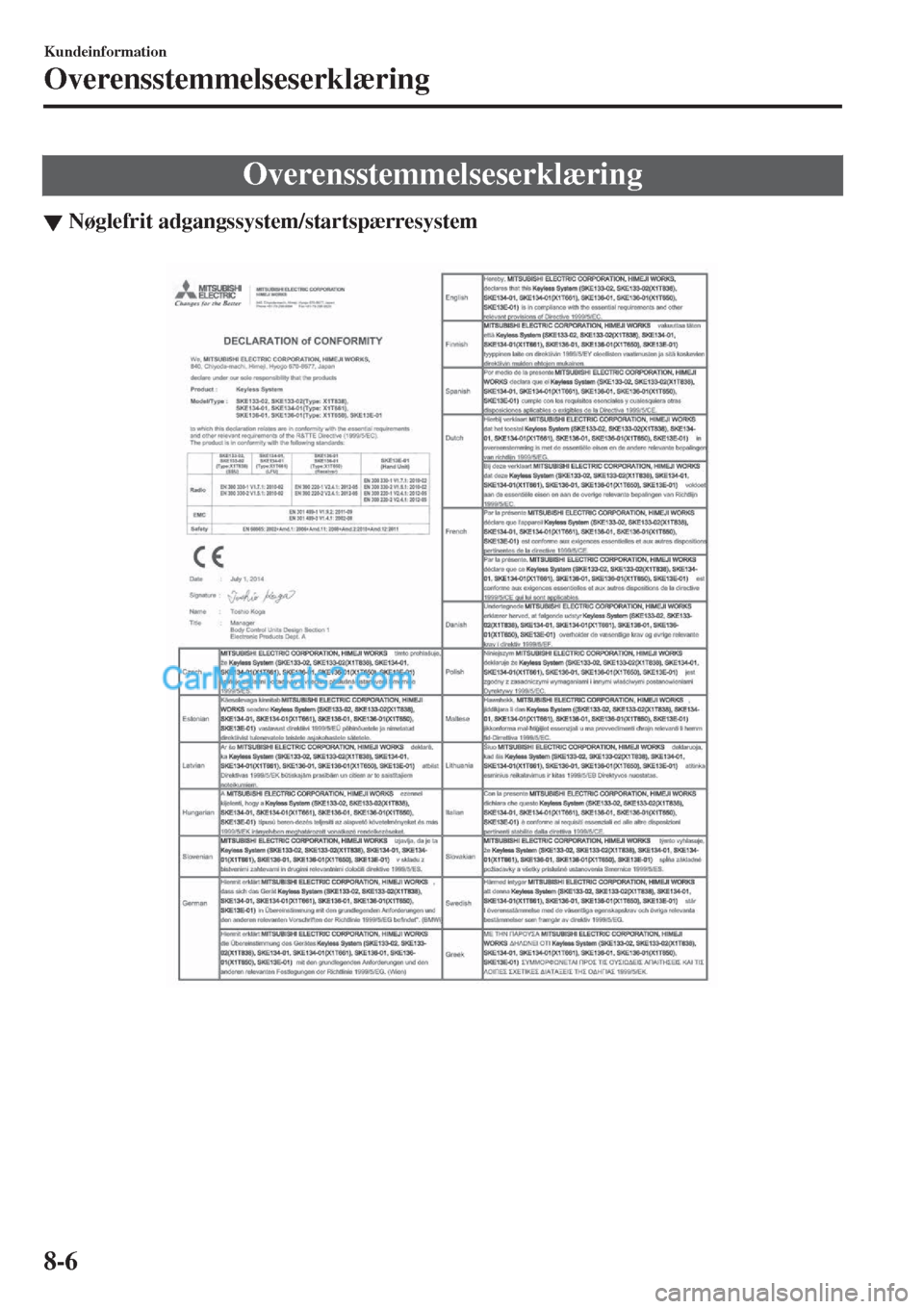 MAZDA MODEL 2 2017  Instruktionsbog (in Danish) Overensstemmelseserklæring
▼N
