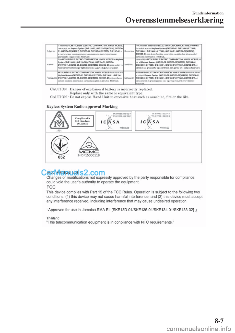MAZDA MODEL 2 2017  Instruktionsbog (in Danish) Kundeinformation
Overensstemmelseserklæring
8-7  