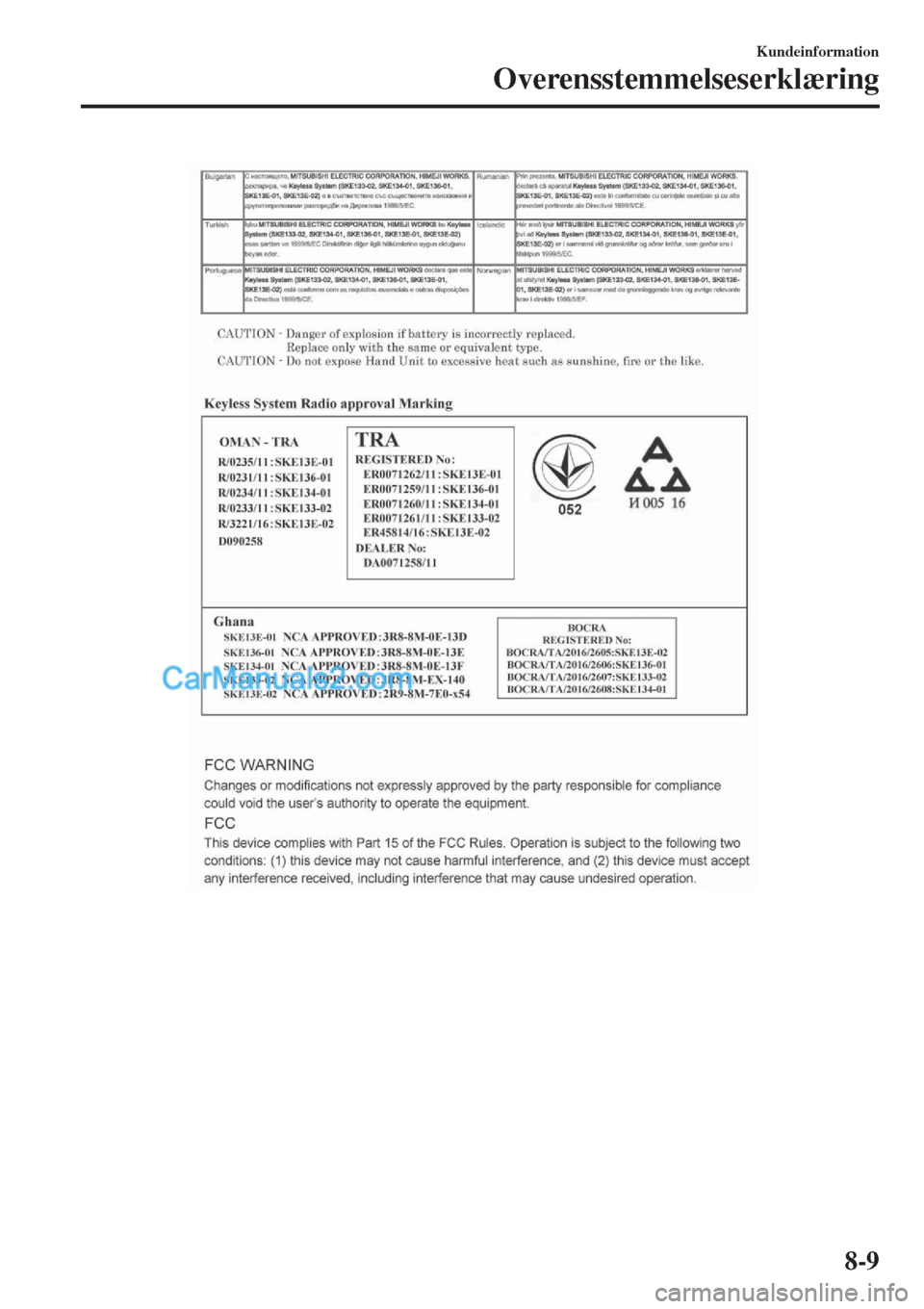 MAZDA MODEL 2 2017  Instruktionsbog (in Danish) Kundeinformation
Overensstemmelseserklæring
8-9  