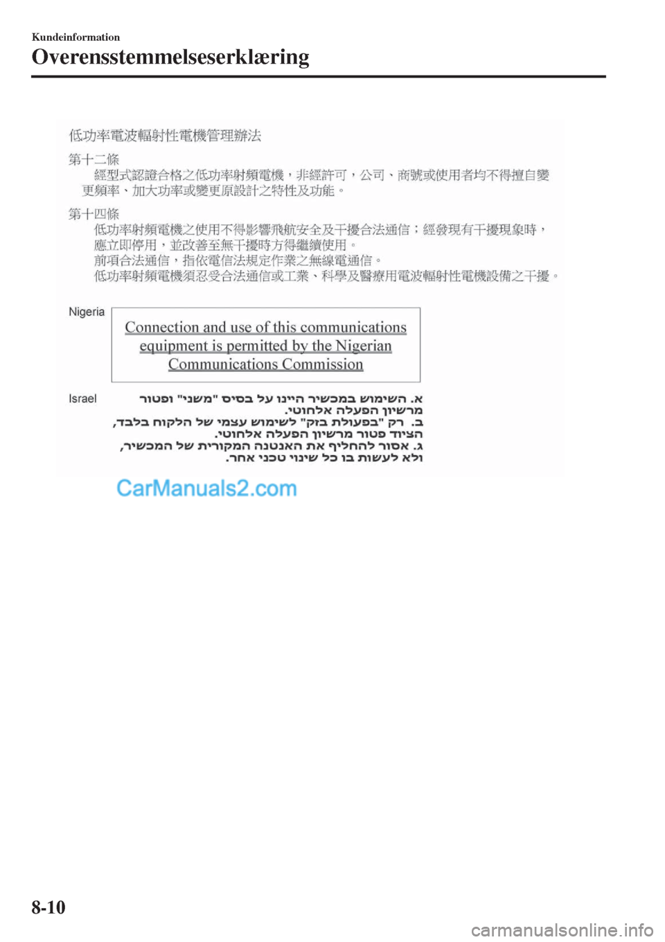 MAZDA MODEL 2 2017  Instruktionsbog (in Danish) Kundeinformation
Overensstemmelseserklæring
8-10  