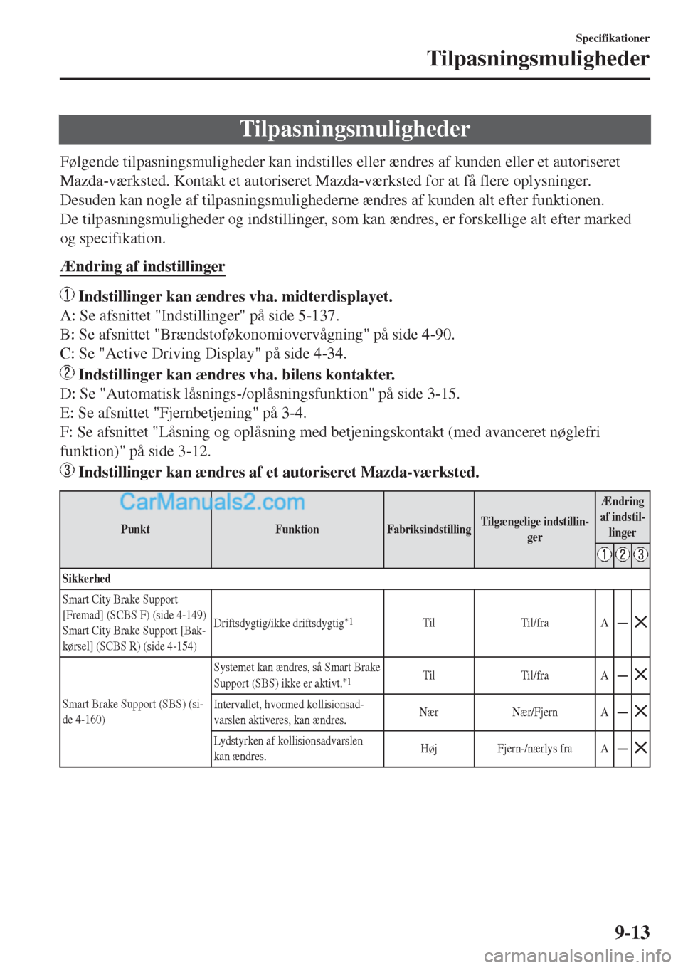 MAZDA MODEL 2 2017  Instruktionsbog (in Danish) Tilpasningsmuligheder
Følgende tilpasningsmuligheder kan indstilles eller ændres af kunden eller et autoriseret
Mazda-værksted. Kontakt et autoriseret Mazda-værksted for at få flere oplysninger.

