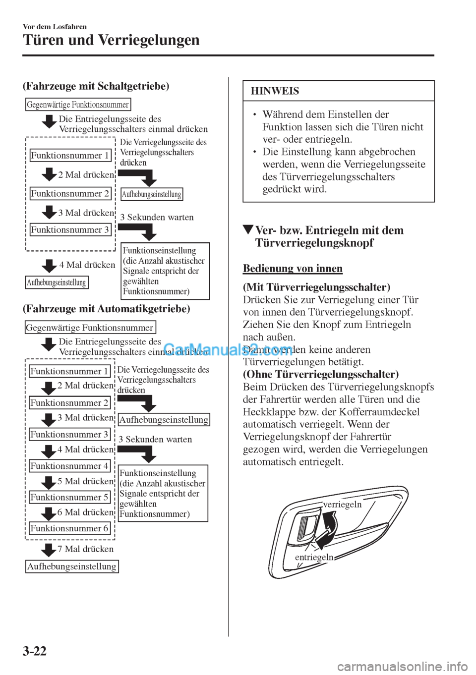 MAZDA MODEL 2 2017 Betriebsanleitung (in German) 3–22
Vor dem Losfahren
Türen und Verriegelungen
(Fahrzeuge mit Schaltgetriebe)
2 Mal drücken
3 Mal drücken
Gegenwärtige Funktionsnummer
Funktionsnummer 1
Funktionsnummer 2
Funktionsnummer MAZDA MODEL 2 2017 Betriebsanleitung (in German) 3–22
Vor dem Losfahren
Türen und Verriegelungen
(Fahrzeuge mit Schaltgetriebe)
2 Mal drücken
3 Mal drücken
Gegenwärtige Funktionsnummer
Funktionsnummer 1
Funktionsnummer 2
Funktionsnummer