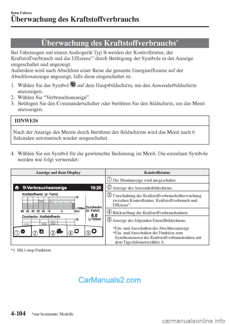 MAZDA MODEL 2 2017  Betriebsanleitung (in German) 4–104
Beim Fahren
Überwachung des Kraftstoffverbrauchs
*nur bestimmte Modelle
      Überwachung  des  Kraftstoffverbrauchs * 
            Bei  Fahrzeugen  mit  einem  Audiogerät  Typ  B  werden  
