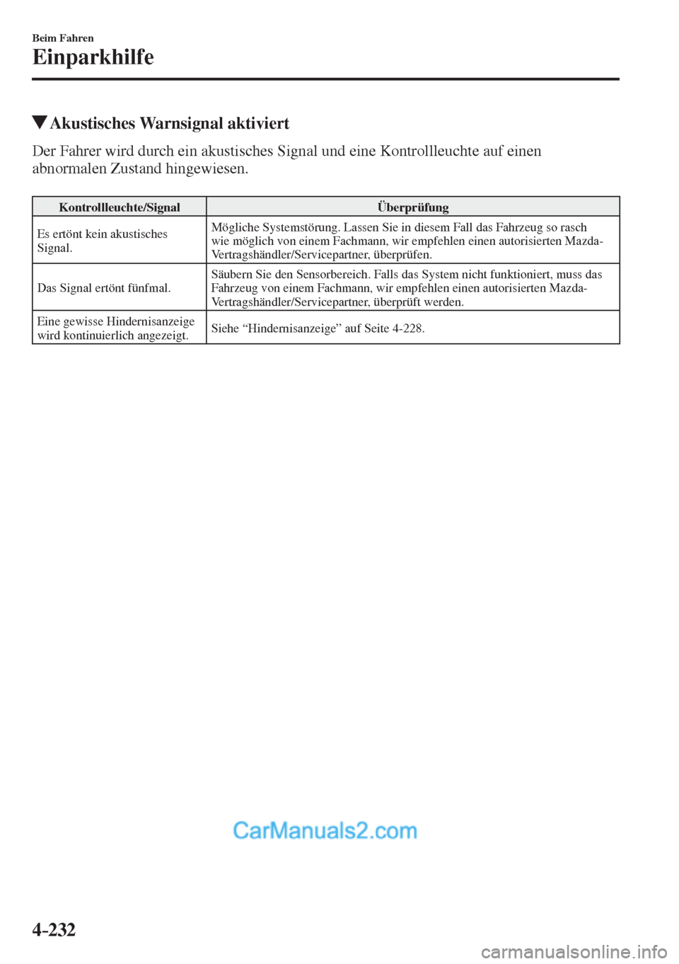 MAZDA MODEL 2 2017  Betriebsanleitung (in German) 4–232
Beim Fahren
Einparkhilfe
          Akustisches  Warnsignal  aktiviert
    Der Fahrer wird durch ein akustisches Signal und eine Kontrollleuchte auf einen 
abnormalen Zustand hingewiesen.
  
 K