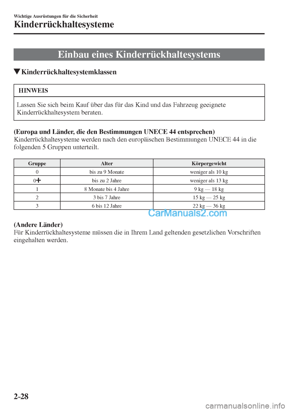MAZDA MODEL 2 2017  Betriebsanleitung (in German) 2–28
Wichtige Ausrüstungen für die Sicherheit
Kinderrückhaltesysteme
 Einbau eines Kinderrückhaltesystems
                   Kinderrückhaltesystemklassen
 HINWEIS
 Lassen Sie sich beim Kauf üb