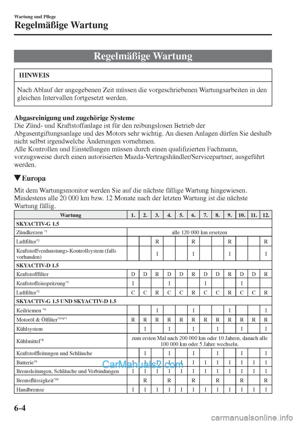MAZDA MODEL 2 2017  Betriebsanleitung (in German) 6–4
Wartung und P�À ege
Regelmäßige Wartung
                R e g e l m ä ß i g e   W a r t u n g
 HINWEIS
 Nach Ablauf der angegebenen Zeit müssen die vorgeschriebenen Wartungsarbeiten in den