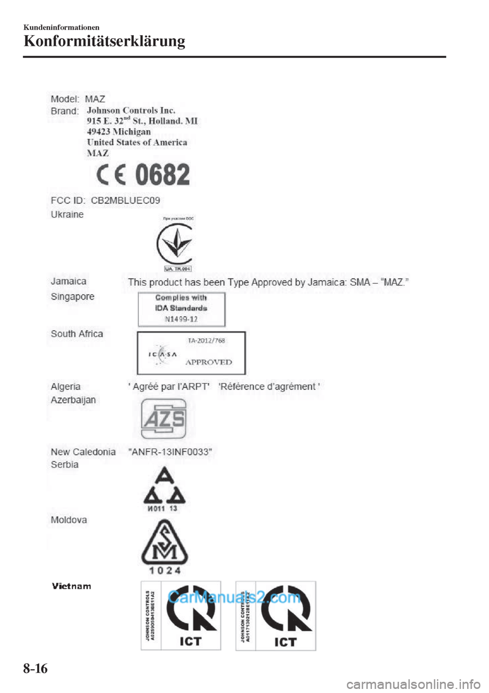 MAZDA MODEL 2 2017  Betriebsanleitung (in German) 8–16
Kundeninformationen
Konformitätserklärung
    