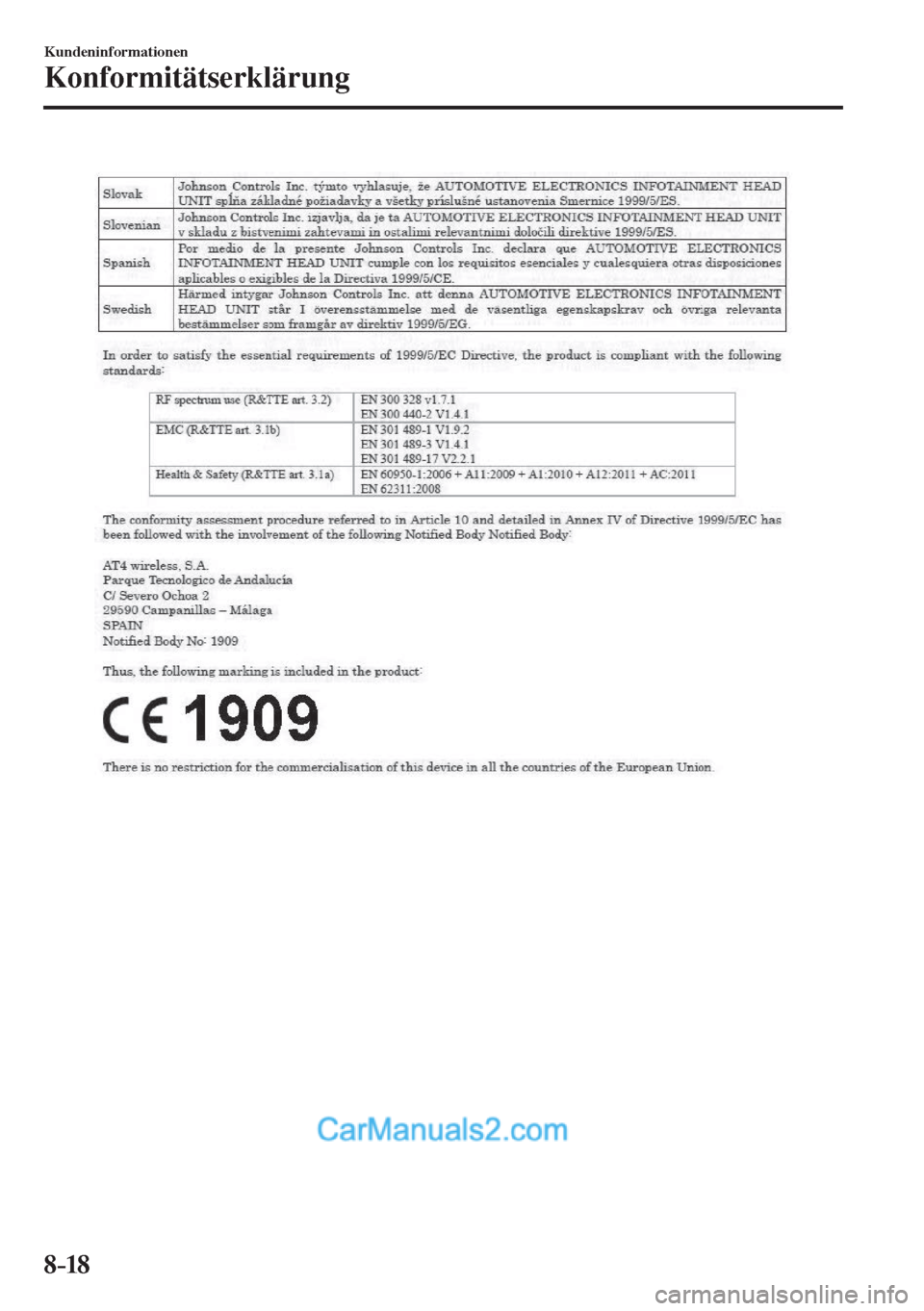 MAZDA MODEL 2 2017 Betriebsanleitung (in German) 8–18
Kundeninformationen
Konformitätserklärung
MAZDA MODEL 2 2017 Betriebsanleitung (in German) 8–18
Kundeninformationen
Konformitätserklärung