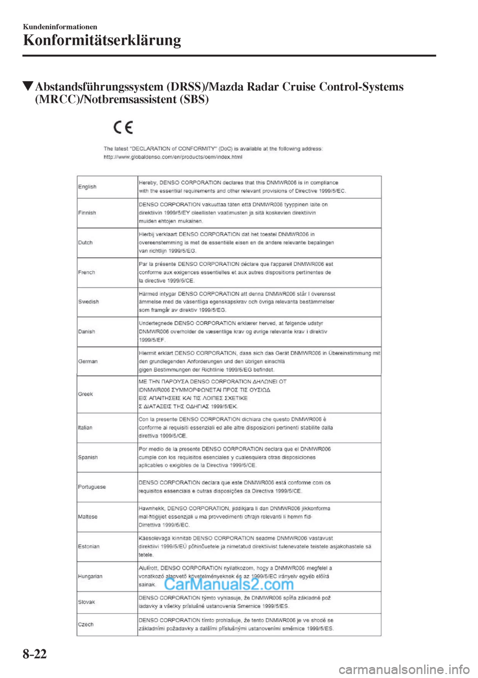 MAZDA MODEL 2 2017 Betriebsanleitung (in German) 8–22
Kundeninformationen
Konformitätserklärung
Abstandsführungssystem (DRSS)/Mazda Radar Cruise Control-Systems
(MRCC)/Notbremsassistent (SBS)
MAZDA MODEL 2 2017 Betriebsanleitung (in German) 8–22
Kundeninformationen
Konformitätserklärung
Abstandsführungssystem (DRSS)/Mazda Radar Cruise Control-Systems
(MRCC)/Notbremsassistent (SBS)