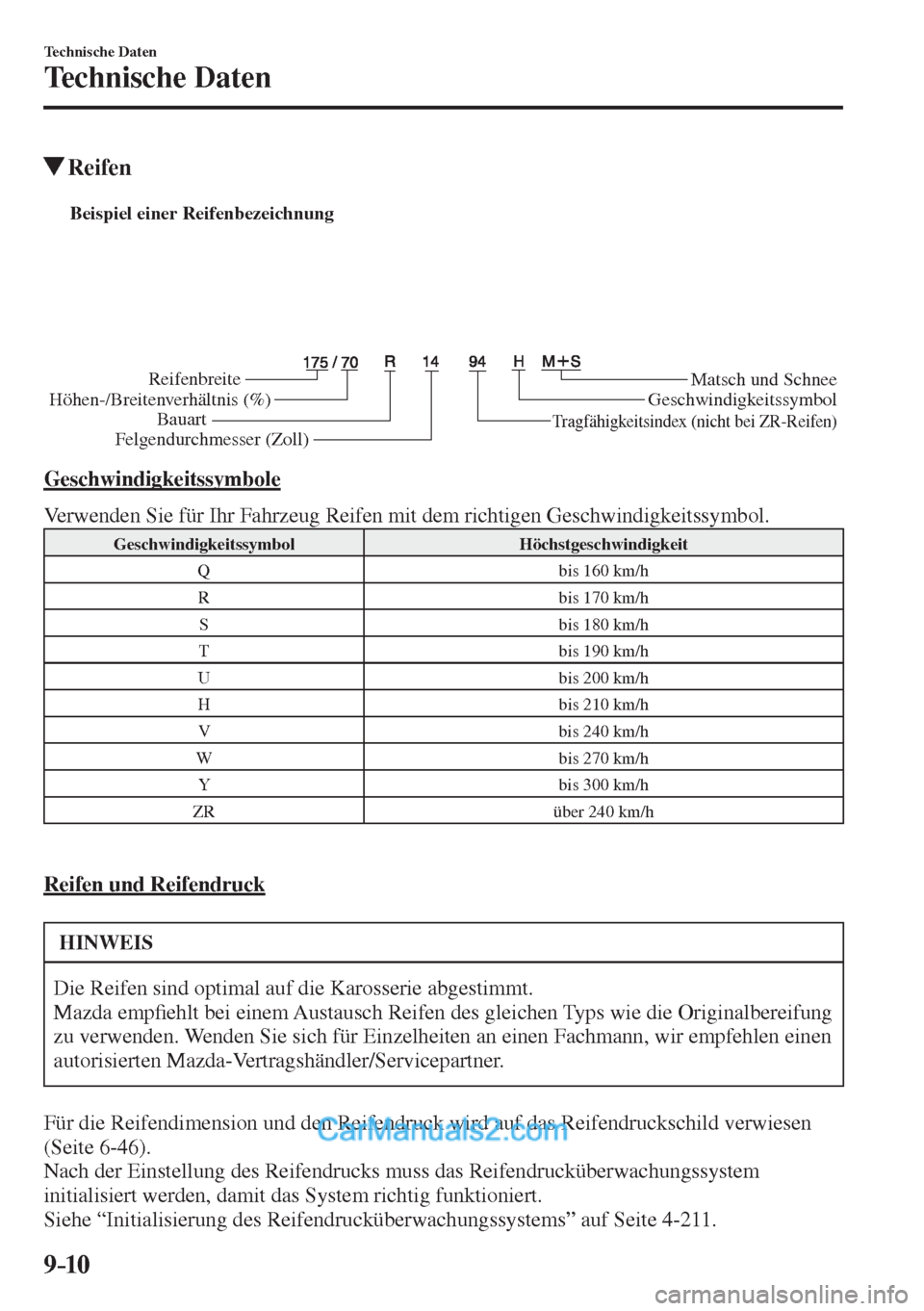 MAZDA MODEL 2 2017  Betriebsanleitung (in German) 9–10
Technische Daten
Technische Daten
          Reifen
           
Beispiel einer Reifenbezeichnung 
Reifenbreite
Höhen-/Breitenverhältnis (%)
BauartMatsch und Schnee
Geschwindigkeitssymbol
Tragf