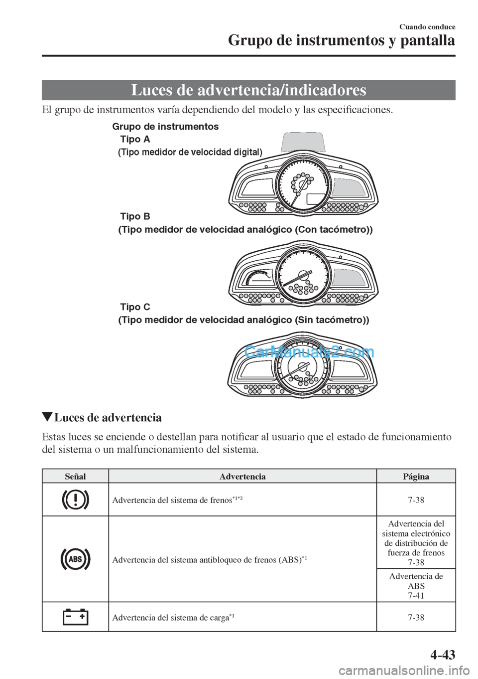 MAZDA MODEL 2 2017  Manual del propietario (in Spanish) 4–43
Cuando conduce
Grupo de instrumentos y pantalla
 Luces de advertencia/indicadores
    El grupo de instrumentos varía dependiendo del modelo y las especi�¿ caciones.
 
Tipo A
Tipo B 
Tipo C 
 