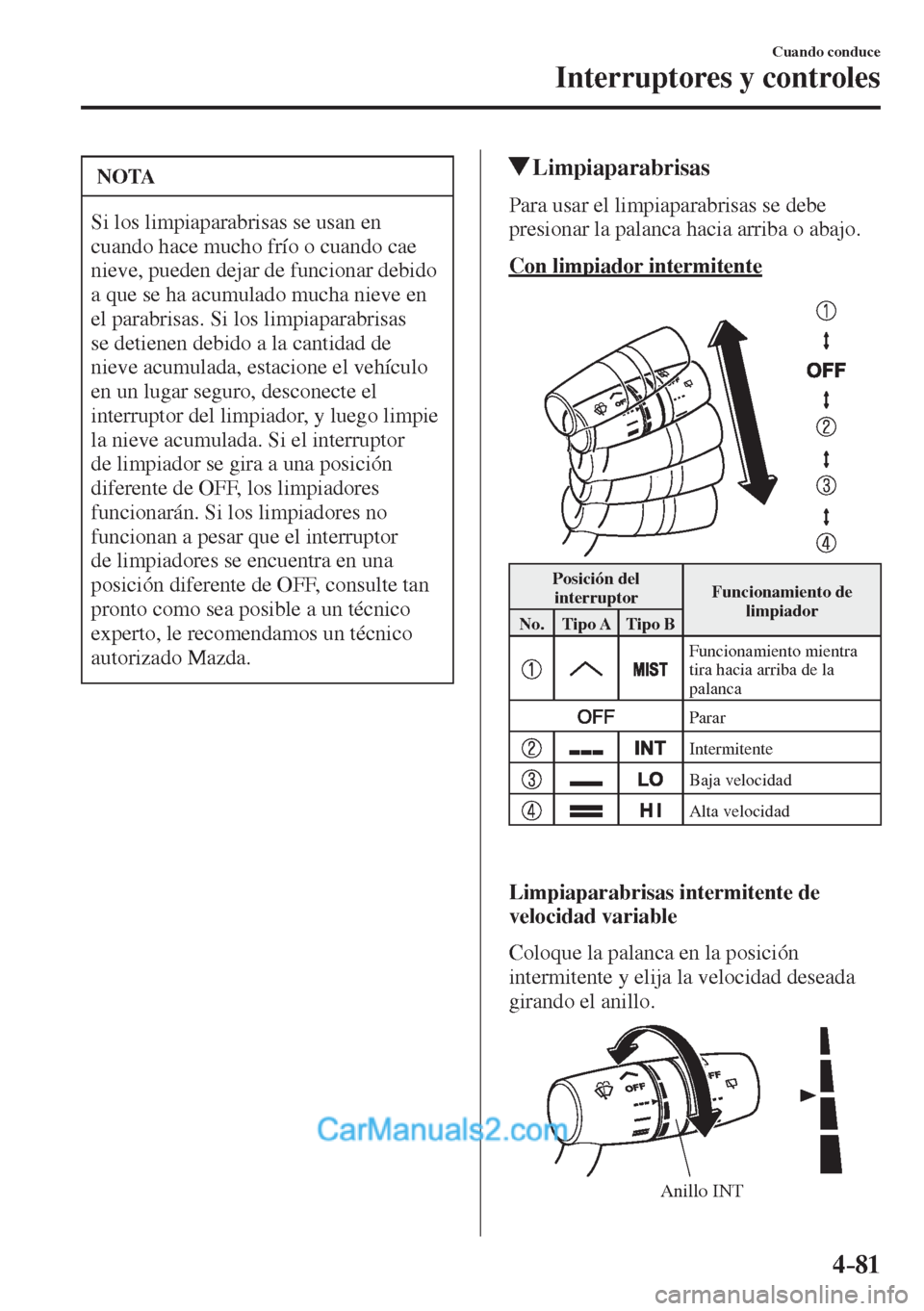 MAZDA MODEL 2 2017  Manual del propietario (in Spanish) 4–81
Cuando conduce
Interruptores y controles
 NOTA
 Si los limpiaparabrisas se usan en 
cuando hace mucho frío o cuando cae 
nieve, pueden dejar de funcionar debido 
a que se ha acumulado mucha ni