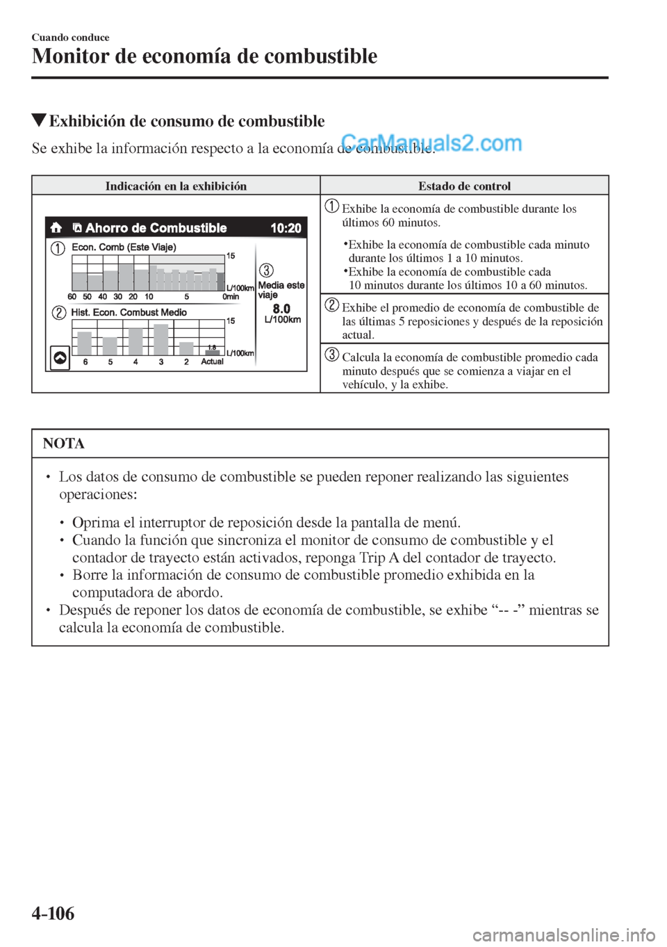 MAZDA MODEL 2 2017  Manual del propietario (in Spanish) 4–106
Cuando conduce
Monitor de economía de combustible
         Exhibición de consumo de combustible
              Se  exhibe  la  información  respecto  a  la  economía  de  combustible.
  
 I