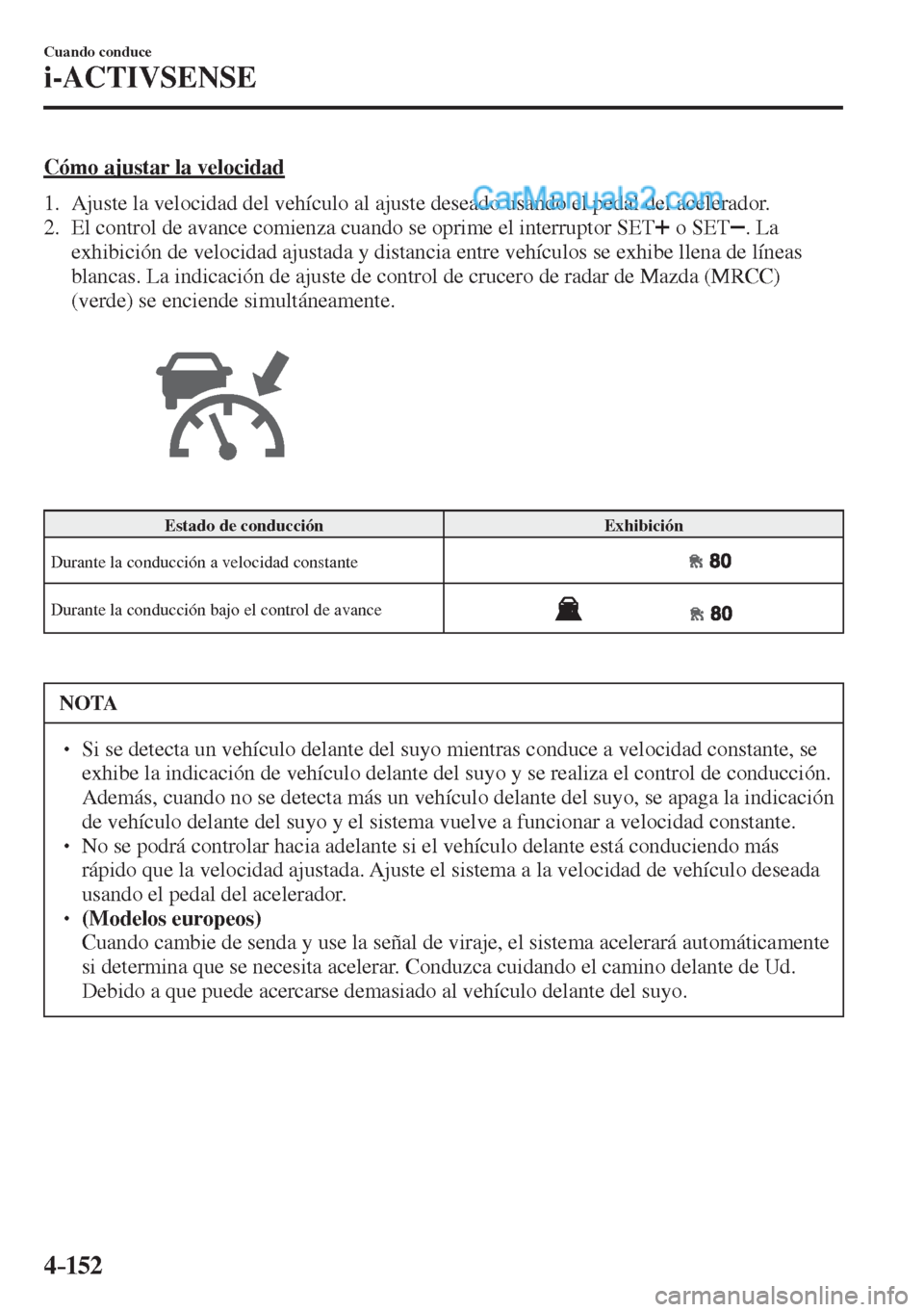 MAZDA MODEL 2 2017  Manual del propietario (in Spanish) 4–152
Cuando conduce
i-ACTIVSENSE
  Cómo ajustar la velocidad
     1.   Ajuste la velocidad del vehículo al ajuste deseado usando el pedal del acelerador.
   2.   El control de avance comienza cua