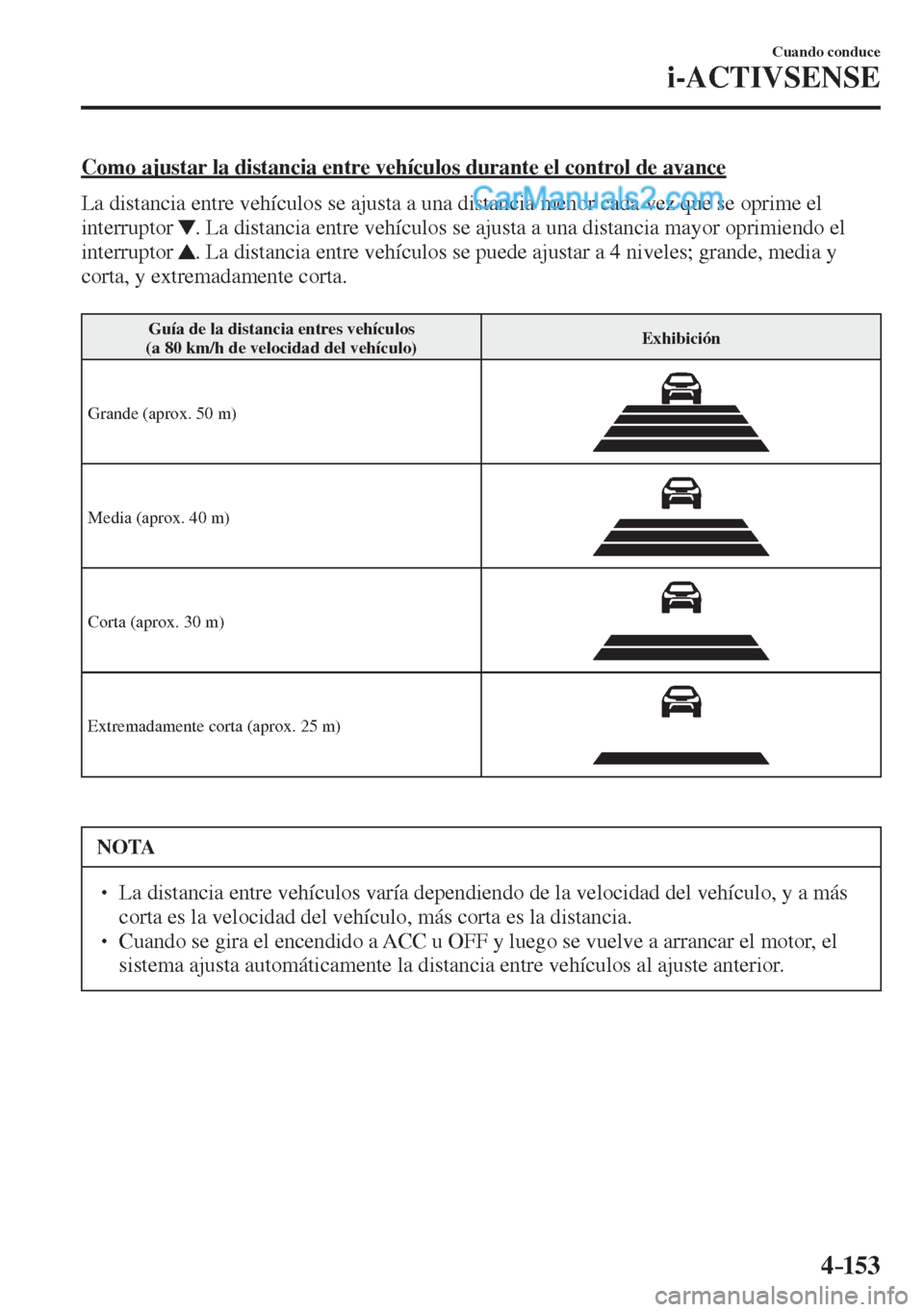 MAZDA MODEL 2 2017  Manual del propietario (in Spanish) 4–153
Cuando conduce
i-ACTIVSENSE
  Como ajustar la distancia entre vehículos durante el control de avance
    La distancia entre vehículos se ajusta a una distancia menor cada vez que se oprime e