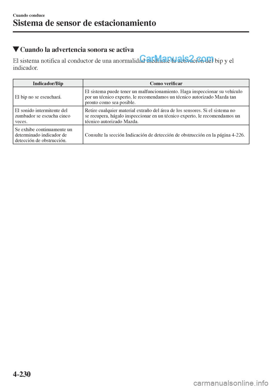 MAZDA MODEL 2 2017  Manual del propietario (in Spanish) 4–230
Cuando conduce
Sistema de sensor de estacionamiento
          Cuando la advertencia sonora se activa
    El  sistema  noti�¿ ca al conductor de una anormalidad mediante la activación del bip