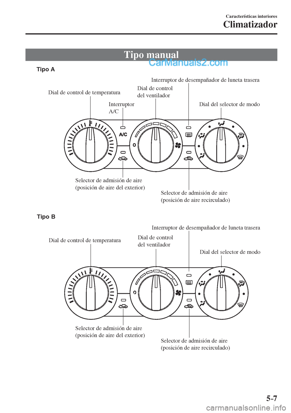 MAZDA MODEL 2 2017  Manual del propietario (in Spanish) 5–7
Características interiores
Climatizador
 Tipo  manual
           
Dial de control de temperaturaDial de control 
del ventiladorInterruptor de desempañador de luneta trasera
Interruptor 
A/C
Se