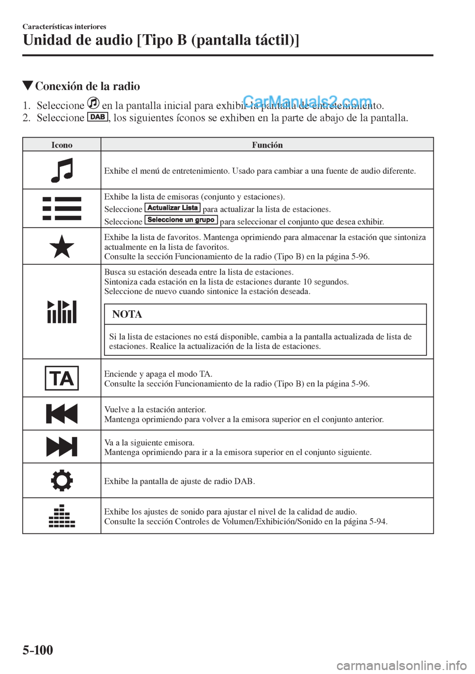 MAZDA MODEL 2 2017  Manual del propietario (in Spanish) 5–10 0
Características interiores
Unidad de audio [Tipo B (pantalla táctil)]
          Conexión de la radio
     1.   Seleccione     en la pantalla inicial para exhibir la pantalla de entretenimi
