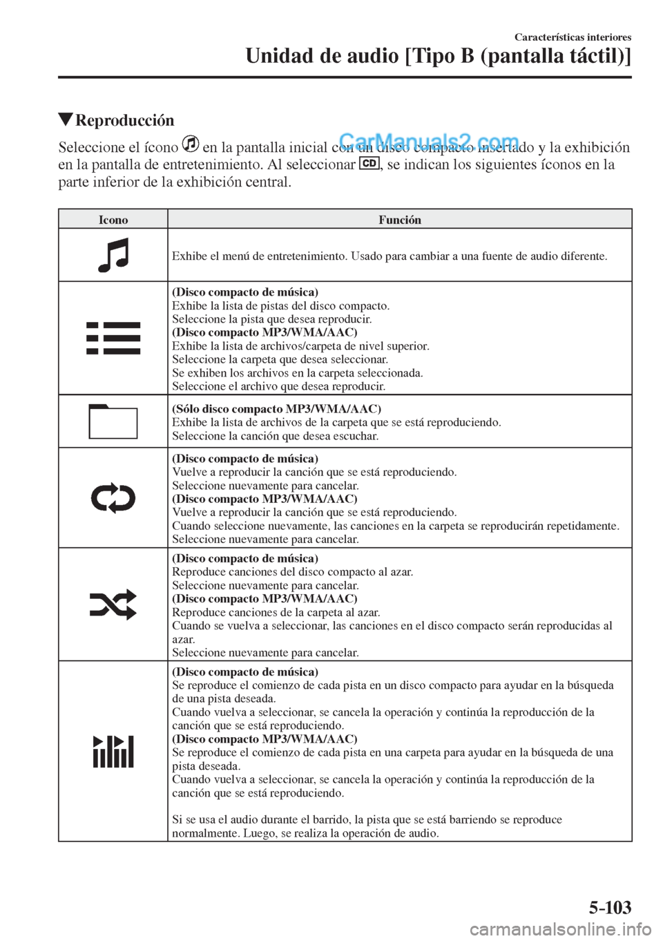 MAZDA MODEL 2 2017  Manual del propietario (in Spanish) 5–103
Características interiores
Unidad de audio [Tipo B (pantalla táctil)]
         Reproducción
    Seleccione  el  ícono     en la pantalla inicial con un disco compacto insertado y la exhibi