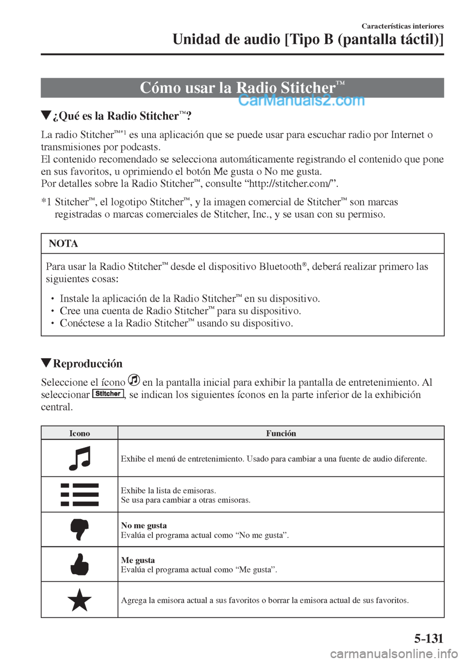 MAZDA MODEL 2 2017  Manual del propietario (in Spanish) 5–131
Características interiores
Unidad de audio [Tipo B (pantalla táctil)]
 Cómo usar la Radio Stitcher™
       ¿Qué es la Radio Stitcher™?
    La  radio  Stitcher™ *1  es una aplicació