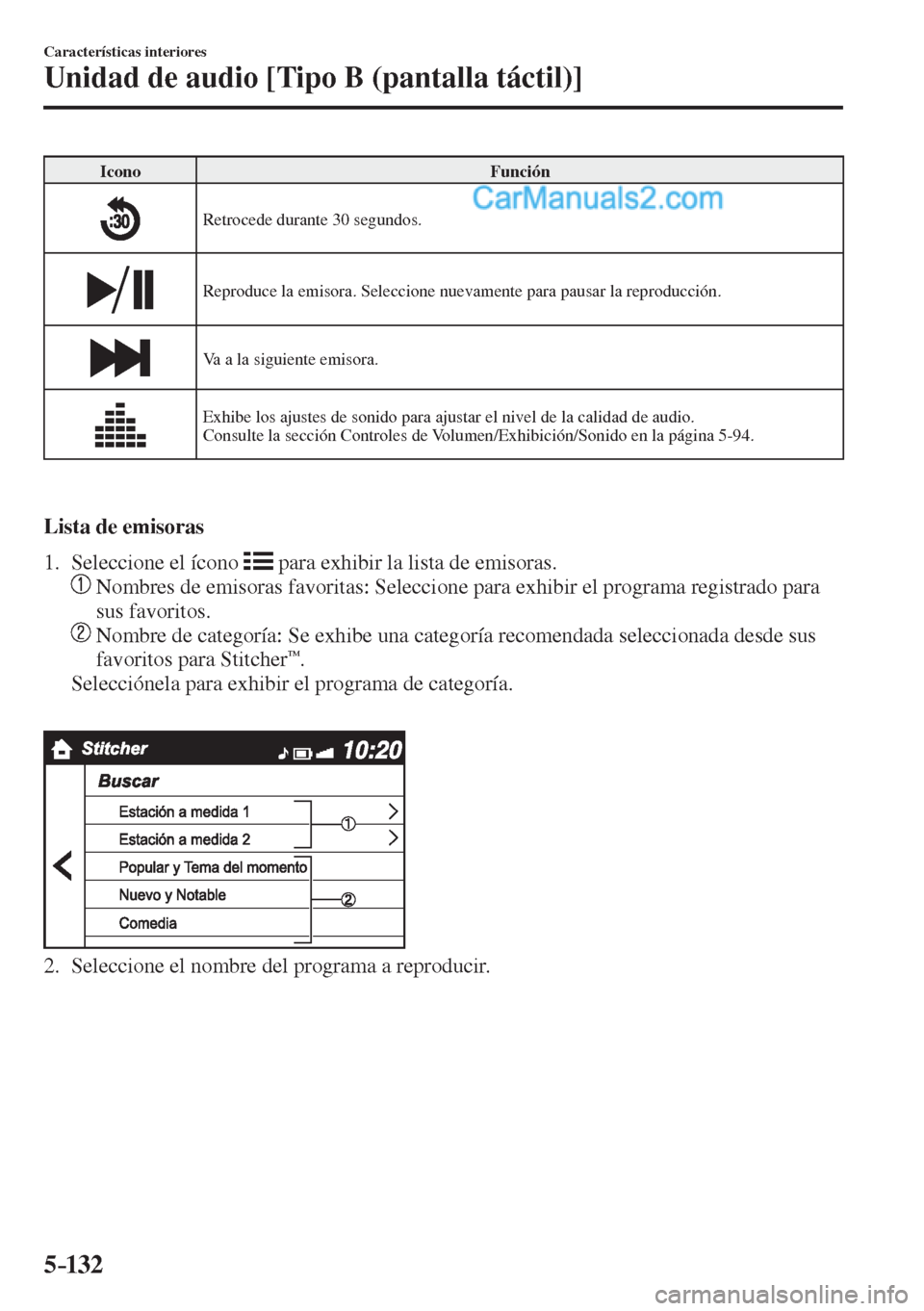 MAZDA MODEL 2 2017  Manual del propietario (in Spanish) 5–132
Características interiores
Unidad de audio [Tipo B (pantalla táctil)]
 Icono   Función 
 
  Retrocede durante 30 segundos. 
 
  Reproduce la emisora. Seleccione nuevamente para pausar la re