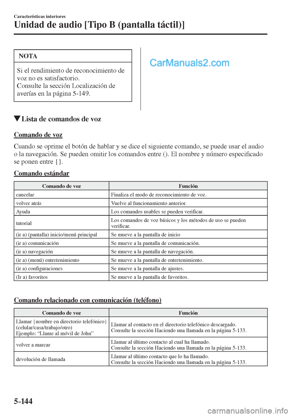 MAZDA MODEL 2 2017  Manual del propietario (in Spanish) 5–14 4
Características interiores
Unidad de audio [Tipo B (pantalla táctil)]
 NOTA
 Si el rendimiento de reconocimiento de 
voz no es satisfactorio. 
 Consulte la sección Localización de 
averí