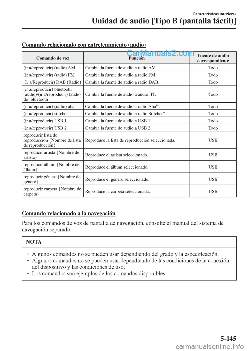 MAZDA MODEL 2 2017  Manual del propietario (in Spanish) 5–14 5
Características interiores
Unidad de audio [Tipo B (pantalla táctil)]
  Comando relacionado con entretenimiento (audio)
 Comando de voz   Función  Fuente de audio 
correspondiente 
 (ir a/
