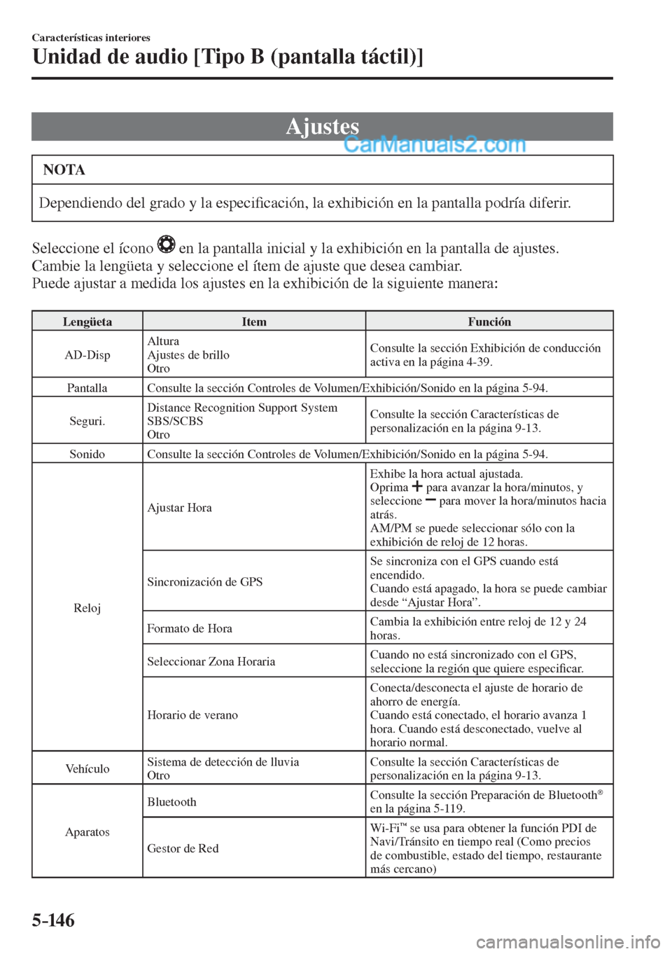 MAZDA MODEL 2 2017  Manual del propietario (in Spanish) 5–14 6
Características interiores
Unidad de audio [Tipo B (pantalla táctil)]
 Ajustes
 NOTA
 Dependiendo del grado y la especi�¿ cación, la exhibición en la pantalla podría diferir. 
  Selecci
